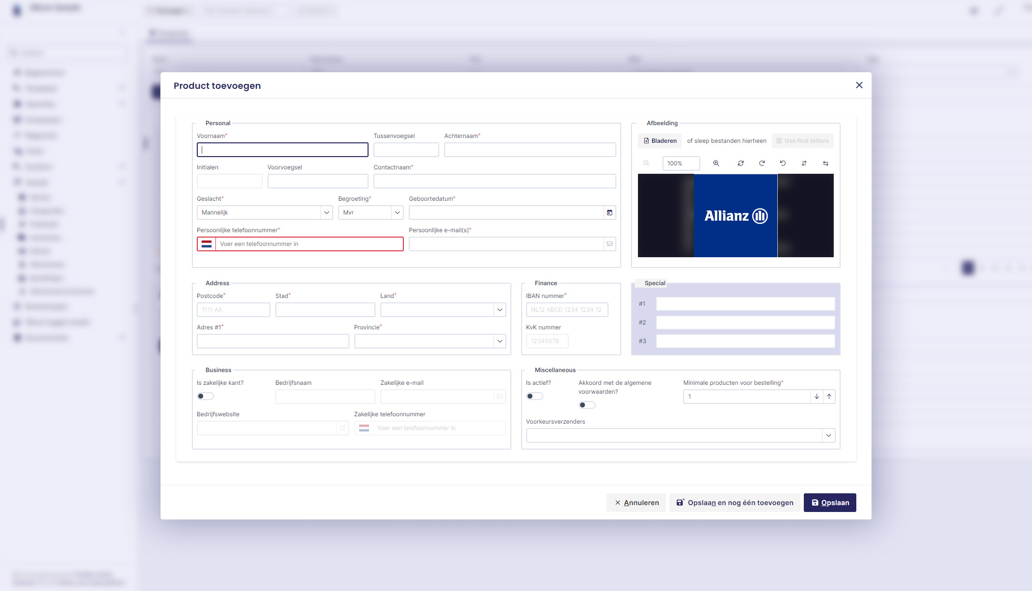 Producten software scherm